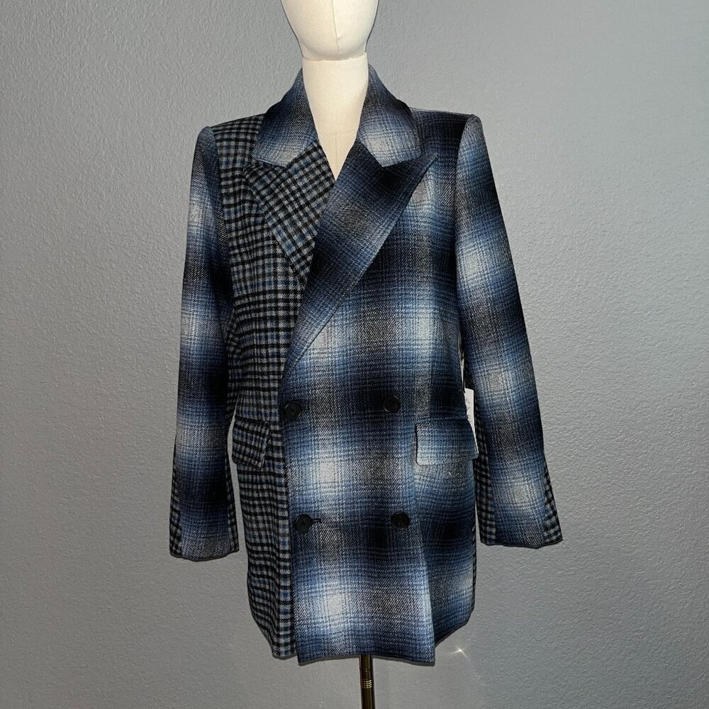 TREASURE & BOND MIXED BLUE MULTI MIXED PLAID DOUBLE BREASTED BLAZER JACKET NEW S